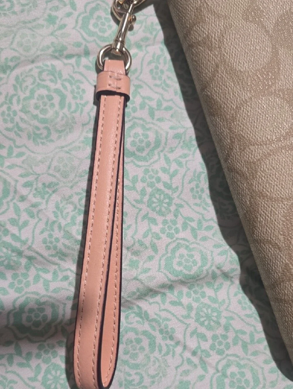 Coach Beige Signature Zip Wristlet with Pink Strap